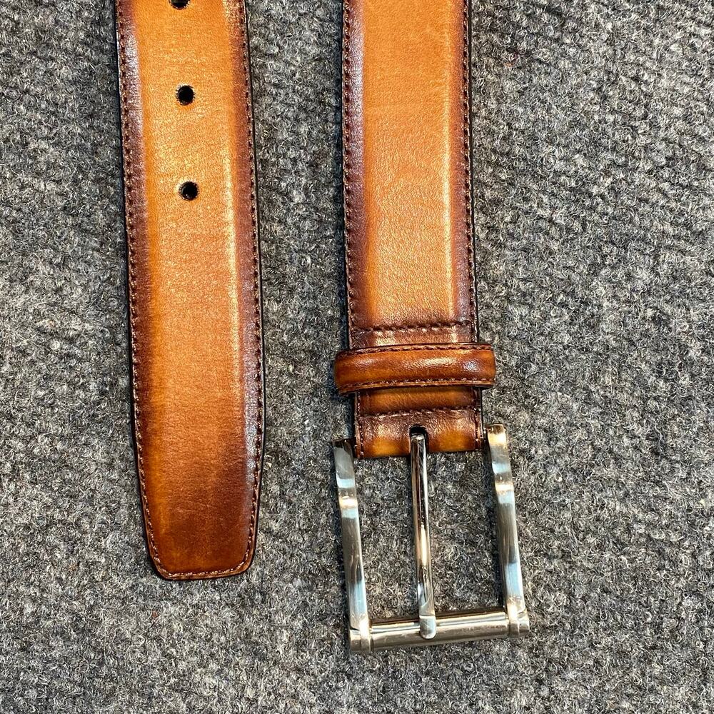 Magnanni Brown Leather Dress Belt Spain Cognac Stitched Mens 42 EUR 105 Silver